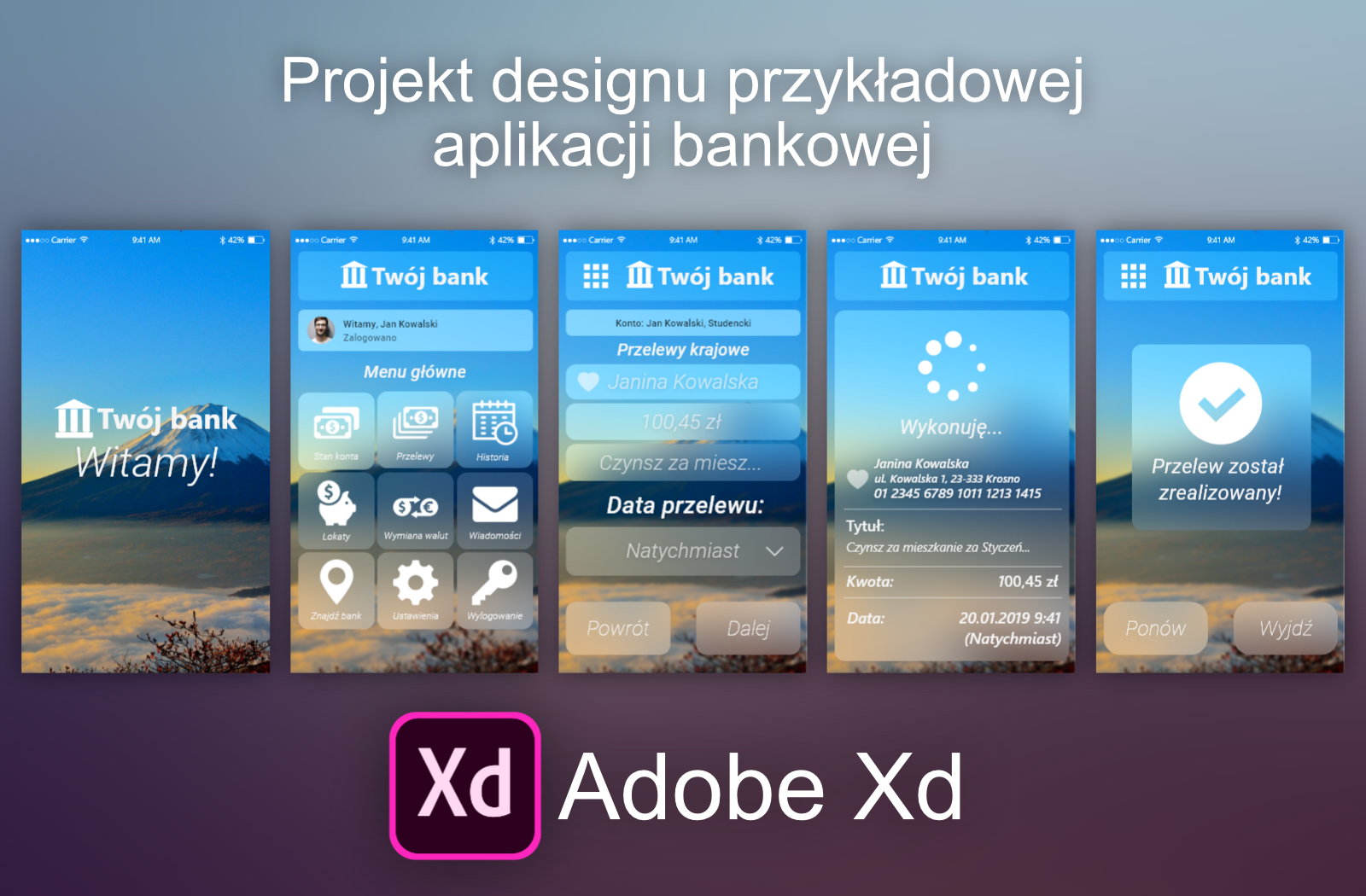 Projekt designu przykładowej aplikacji w Adobe Xd. Pełna prezentacja dostępna na YouTube pod tym linkiem.